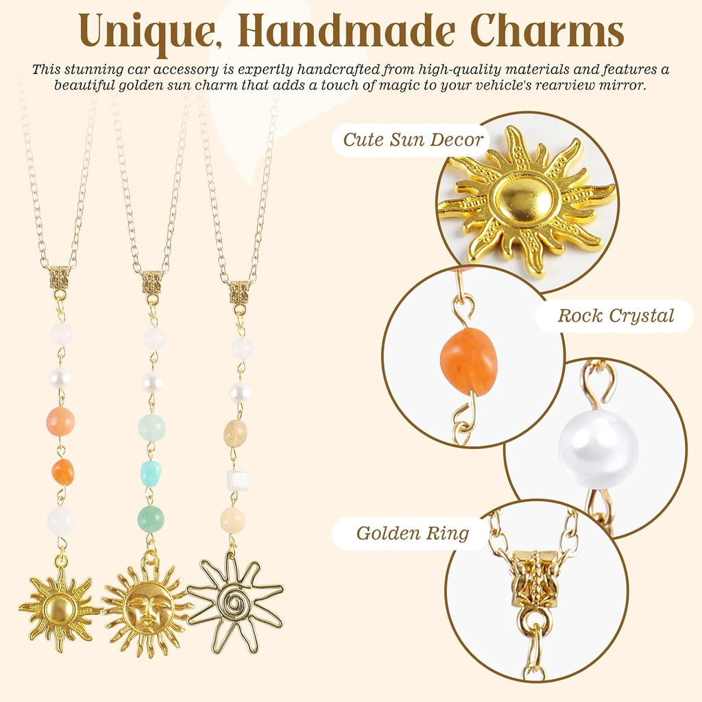 3 Pack Sun Rear View Mirror Hanging Accessories, Hanging Sun Charm with Healing Crystal, Boho Car Charms, Healing Mirror Decor Cute Accessories for Women (Retro)