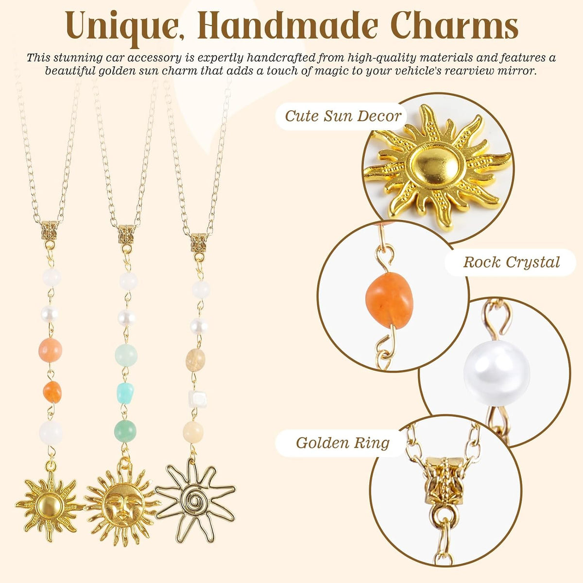 3 Pack Sun Rear View Mirror Hanging Accessories, Hanging Sun Charm with Healing Crystal, Boho Car Charms, Healing Mirror Decor Cute Accessories for Women (Retro)