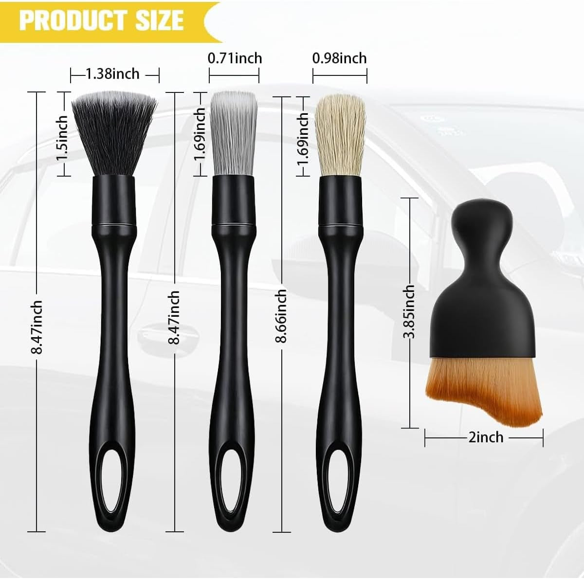 3PCS Car Detailing Brush Kit, Including 3 Ultra Soft No Scratch Boar Hair & 3 Vent Cleaning Brushes, Multi-Use Automotive Interior Detailing Kit, Universal for Most Vehicles (Short)