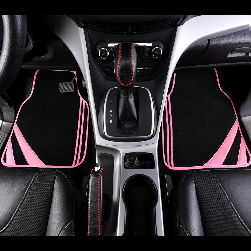 Pink Edge Faux Leather Car Floor Mats Universal Car Carpet Mats with Double Stitch Line Anti-Slip Backing Design, for Cute Girly Women, Fit 95% Automotive,Suvs,Sedan,Vans (Black and Pink)