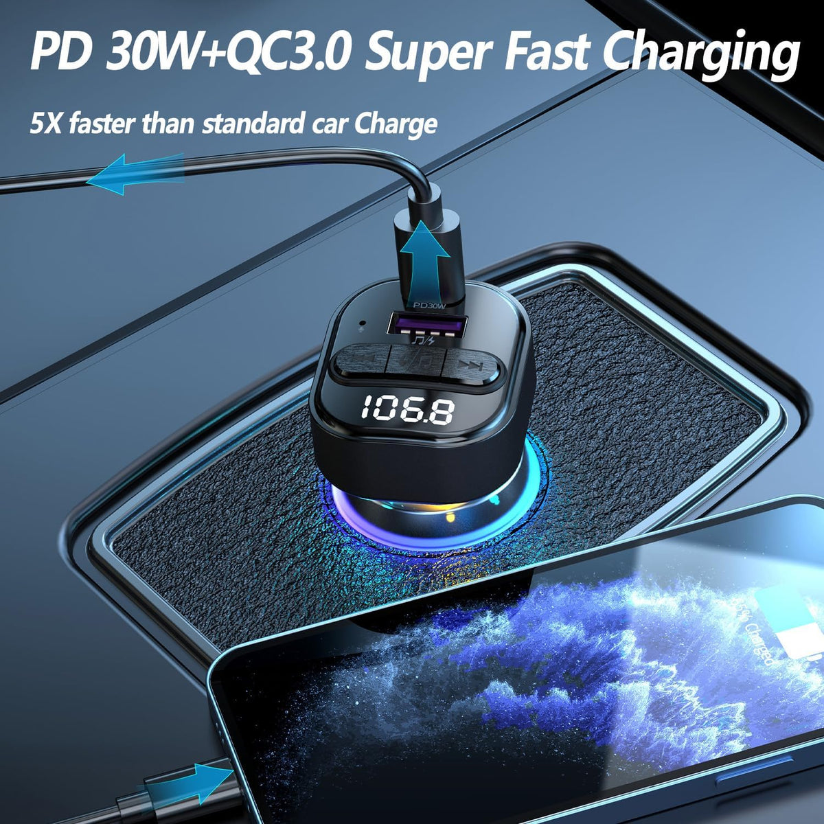 FM Transmitter Bluetooth Car Adapter, Wireless FM Radio Transmitter