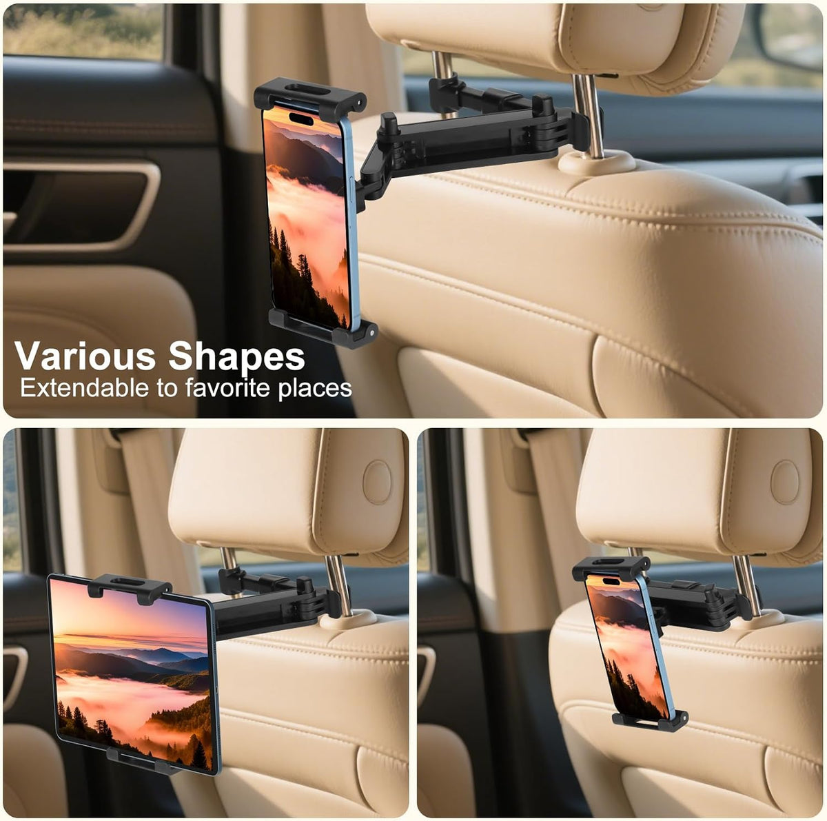 Tablet Holder for Car, 3 in 1 Extension Arm Adjustable Car Headrest Tablet Holder Road Trip Essentials Back Seat Tablets Cars Mount Compatible with Ipad Pro, Air, Mini, 4.7-11" Devices