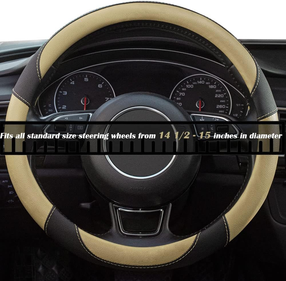 Universal Car Steering Wheel Cover Breathable Anti-Slip, 15 Inch Microfiber Leather Auto Steering Wheel Cover for Car Truck SUV Classic Beige