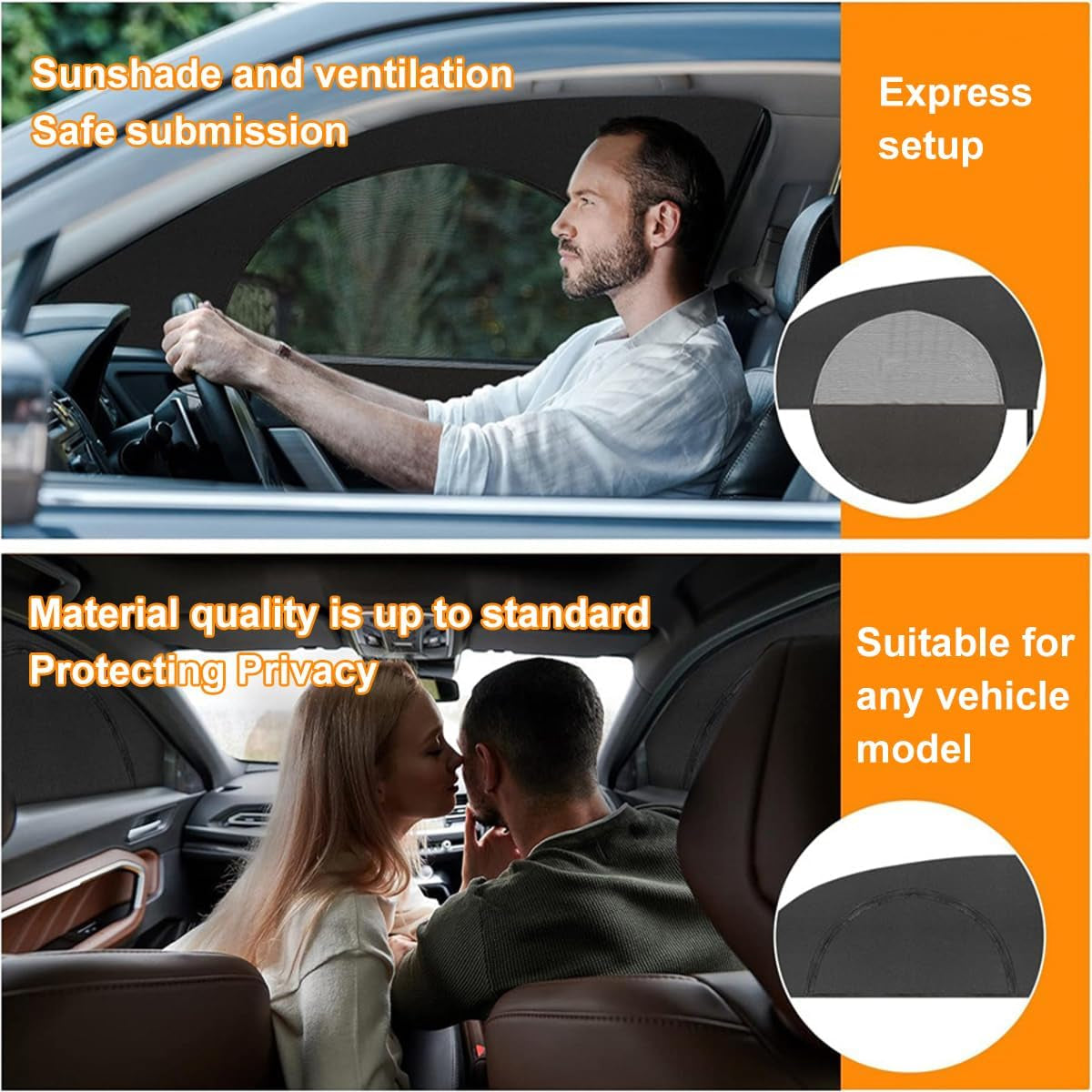 Car Window Shades, 2PCS Breathable Vehicle Rear Side Window Screen with Zipper, Automotive Interior Sunshades Protection Cover Accessories for Camping Privacy, Universal Fit