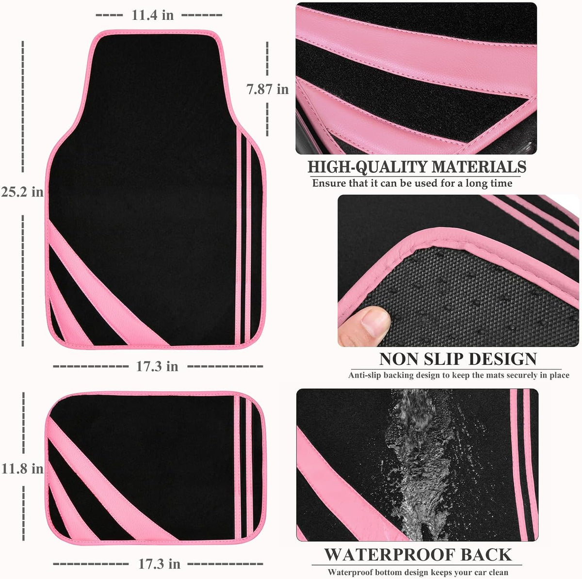 Pink Edge Faux Leather Car Floor Mats Universal Car Carpet Mats with Double Stitch Line Anti-Slip Backing Design, for Cute Girly Women, Fit 95% Automotive,Suvs,Sedan,Vans (Black and Pink)