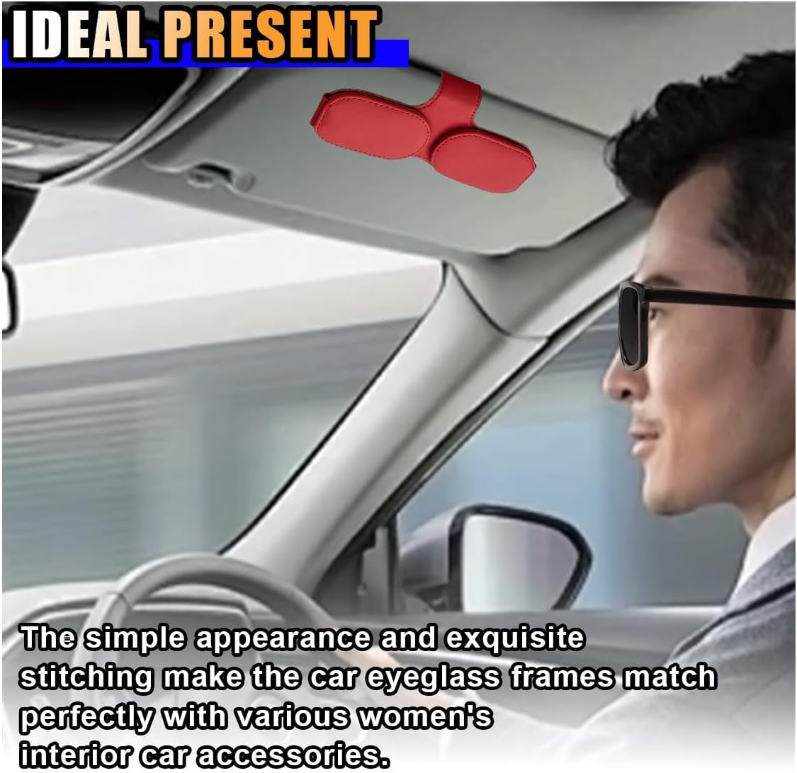 Magnetic Leather Sunglasses Holder for Car Visor Clip, Car Sun Visor Ticket Card Clip Double Clip, Auto Glasses Eyeglass Hanger Clip, Eyeglasses Mount Interior Car Accessories (Red)