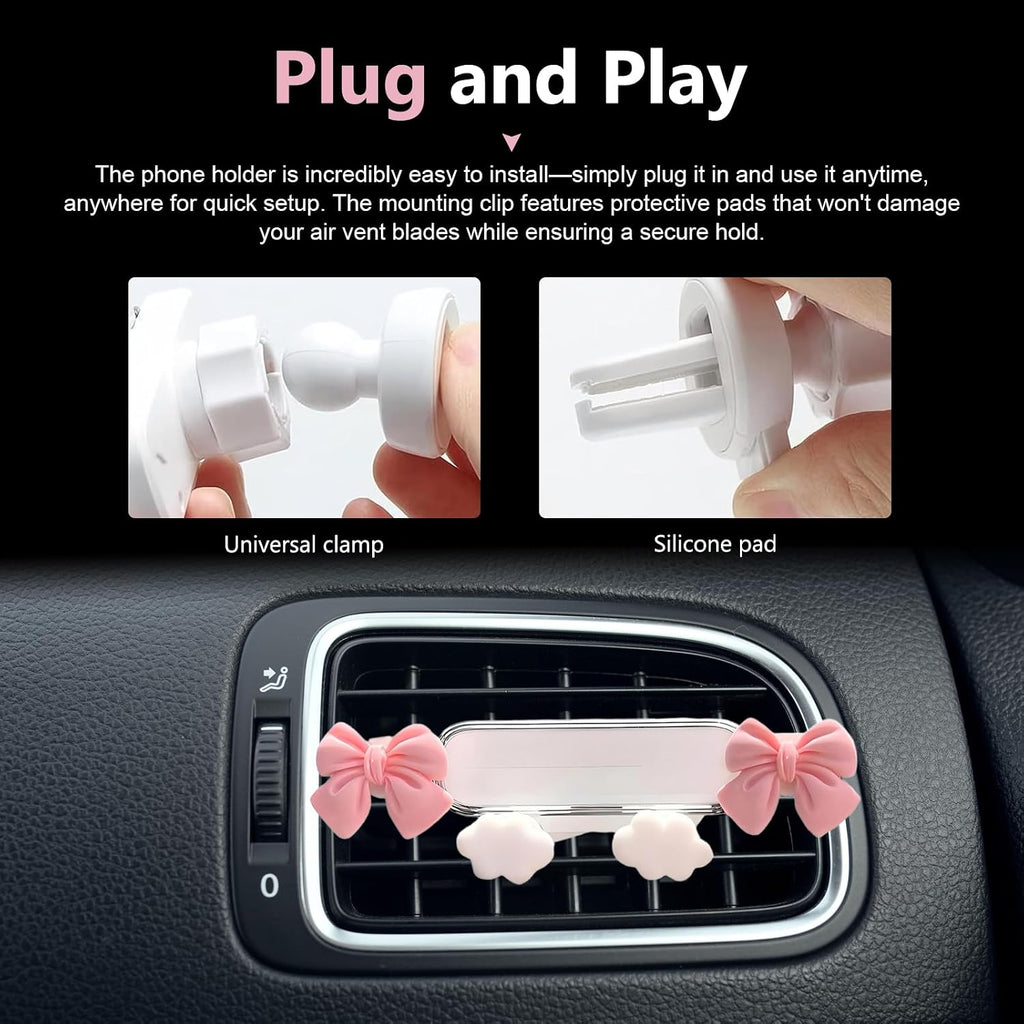 Car Phone Holder, Cute Butterfly Bow Car Vent Phone Holder, Anti-Slip Gravity Auto Lock Cell Mount, Universal Car Air Vent Accessories for Women Girls (White #A)