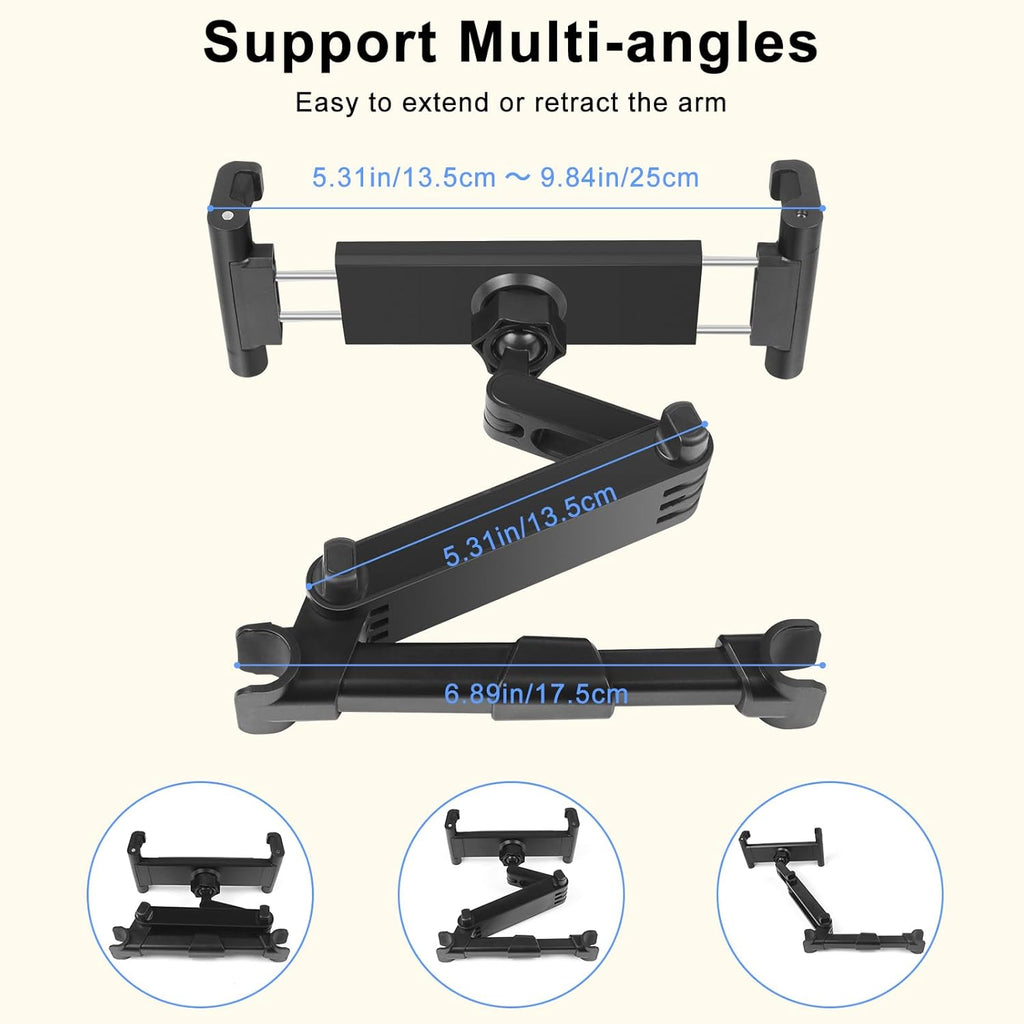 Tablet Holder for Car, 3 in 1 Extension Arm Adjustable Car Headrest Tablet Holder Road Trip Essentials Back Seat Tablets Cars Mount Compatible with Ipad Pro, Air, Mini, 4.7-11" Devices