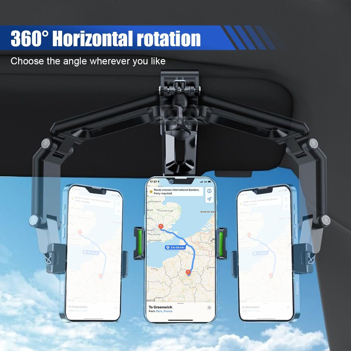 Car Sun Visor Phone Holder, Foldable & Retractable Auto Rear View Mirror Cell Phone Mount, 360° Rotatable Multifunctional Vehicle Smartphone Holder for Home Offices (Black/Green)