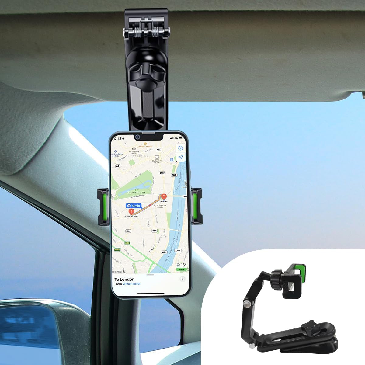Car Sun Visor Phone Holder, Foldable & Retractable Auto Rear View Mirror Cell Phone Mount, 360° Rotatable Multifunctional Vehicle Smartphone Holder for Home Offices (Black/Green)