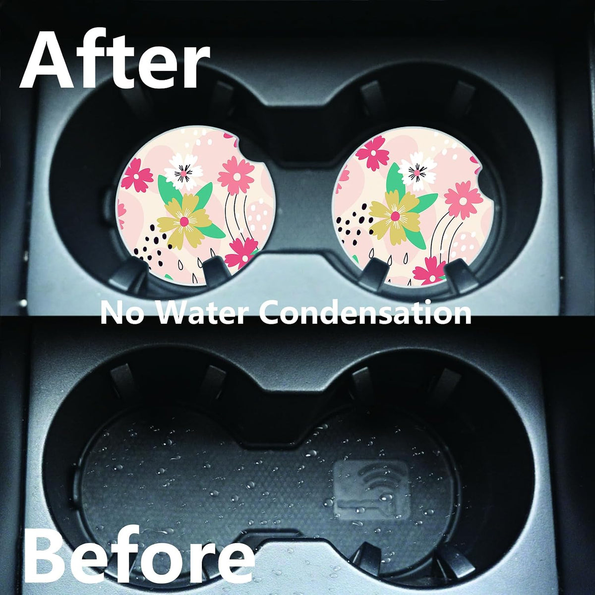 2 Pcs Line Flowers Car Coasters,Ceramic Cup Holder Coasters with a Finger Notch,2.56" Ceramic Stone & Non-Scratch Cork Base,Car Accessories for Women&Man.9