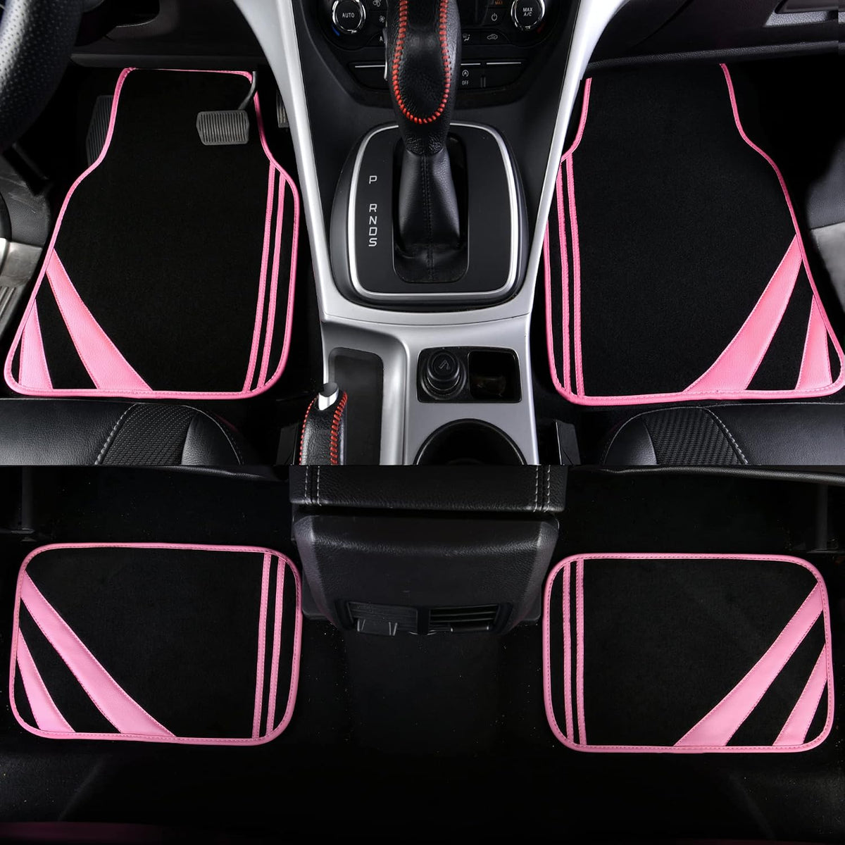 Pink Edge Faux Leather Car Floor Mats Universal Car Carpet Mats with Double Stitch Line Anti-Slip Backing Design, for Cute Girly Women, Fit 95% Automotive,Suvs,Sedan,Vans (Black and Pink)