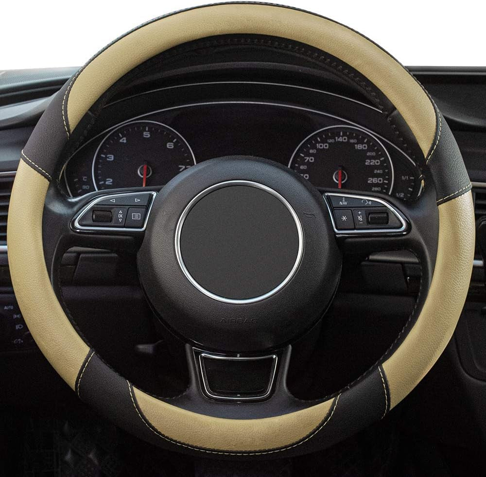 Universal Car Steering Wheel Cover Breathable Anti-Slip, 15 Inch Microfiber Leather Auto Steering Wheel Cover for Car Truck SUV Classic Beige