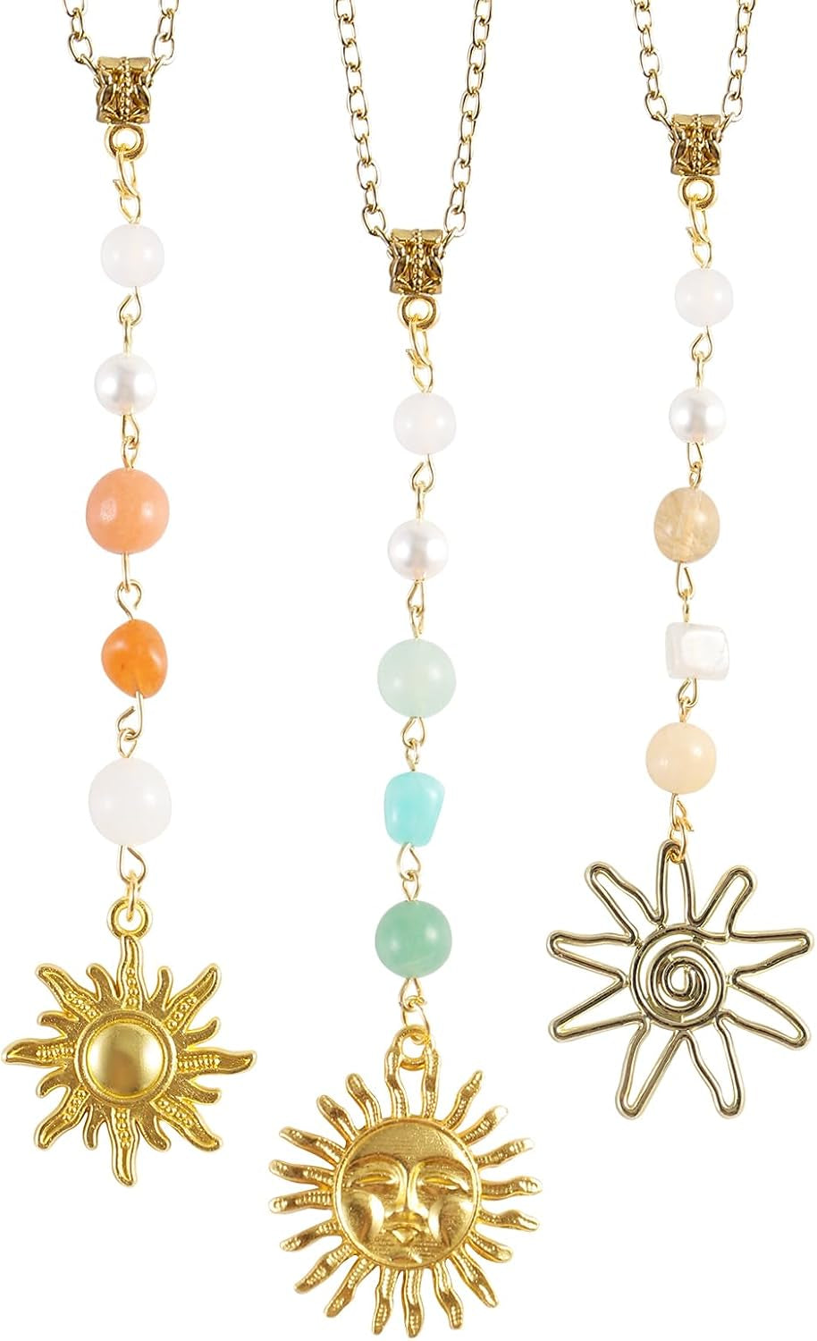 3 Pack Sun Rear View Mirror Hanging Accessories, Hanging Sun Charm with Healing Crystal, Boho Car Charms, Healing Mirror Decor Cute Accessories for Women (Retro)