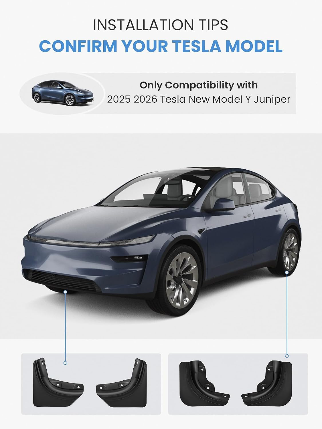 Tesla New Model Y Juniper Mud Flaps 2025 2026 Accessories, Protect Paint, No Drilling Required, Includes All Hardware Installation Tools Accessories (Model Y Juniper 2025+)