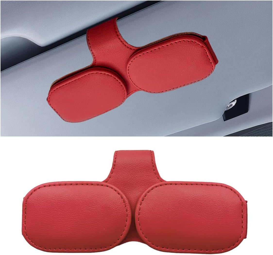 Magnetic Leather Sunglasses Holder for Car Visor Clip, Car Sun Visor Ticket Card Clip Double Clip, Auto Glasses Eyeglass Hanger Clip, Eyeglasses Mount Interior Car Accessories (Red)
