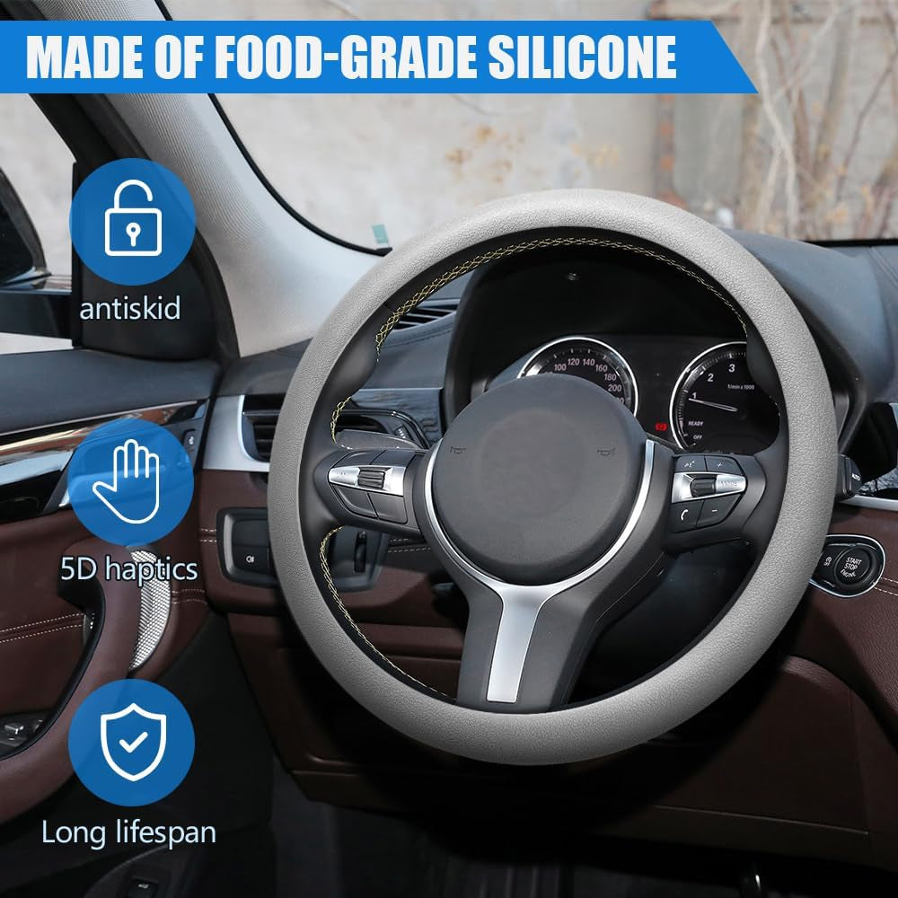 Car Steering Wheel Cover, Non-Slip Silicone Steering Wheel Cover, Leather Universal 13 to 15 Inch Steering Wheel Protector, Universal Car Interior Accessories for Women Men