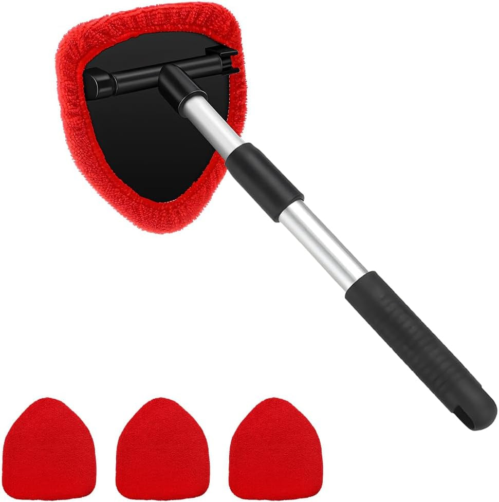 Car Windshield Cleaner Tool, Vehicle Window Detailing Cleaning Kit with Extendable Handle & 4 Washable Microfiber Pad, Auto Glass Wiper Cleaner for Exterior & Interior, Universal Fit (Red)