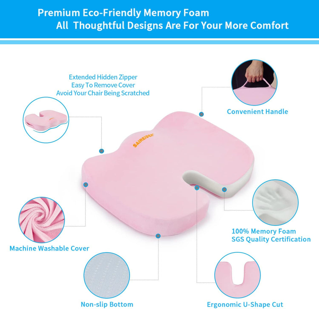 Office Chair Cushion, Car Seat Cushion, Memory Foam Coccyx Cushion Pads for Tailbone Pain, Sciatica Relief Pillow, Correct Sitting Posture (Pink)