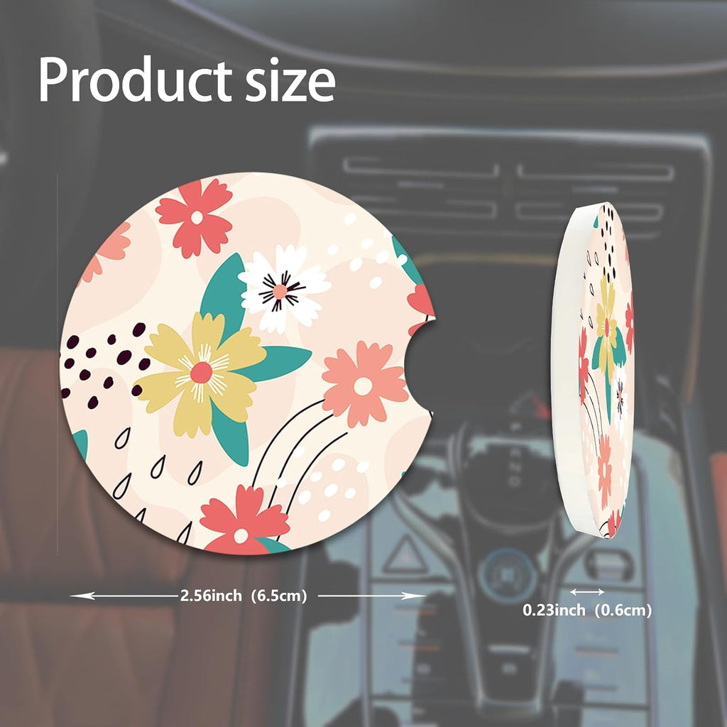 2 Pcs Line Flowers Car Coasters,Ceramic Cup Holder Coasters with a Finger Notch,2.56" Ceramic Stone & Non-Scratch Cork Base,Car Accessories for Women&Man.9