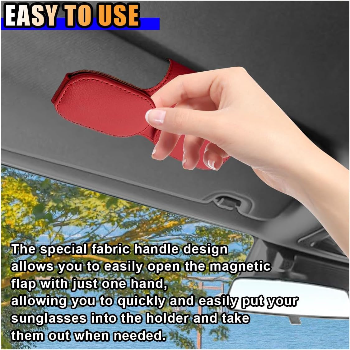 Magnetic Leather Sunglasses Holder for Car Visor Clip, Car Sun Visor Ticket Card Clip Double Clip, Auto Glasses Eyeglass Hanger Clip, Eyeglasses Mount Interior Car Accessories (Red)