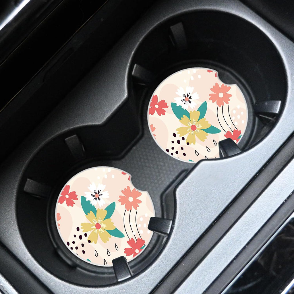 2 Pcs Line Flowers Car Coasters,Ceramic Cup Holder Coasters with a Finger Notch,2.56" Ceramic Stone & Non-Scratch Cork Base,Car Accessories for Women&Man.9
