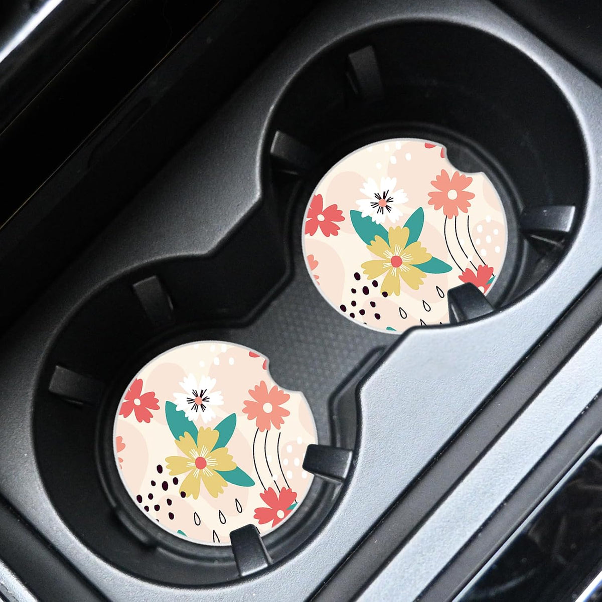 2 Pcs Line Flowers Car Coasters,Ceramic Cup Holder Coasters with a Finger Notch,2.56" Ceramic Stone & Non-Scratch Cork Base,Car Accessories for Women&Man.9