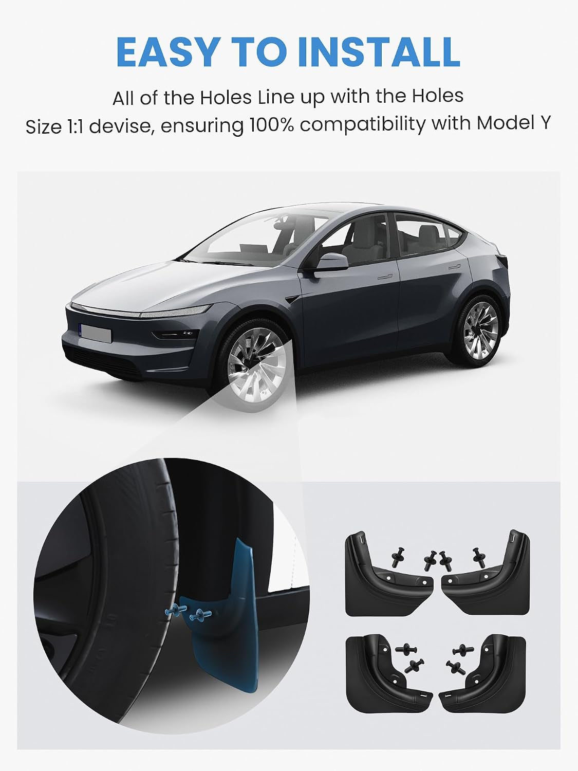 Tesla New Model Y Juniper Mud Flaps 2025 2026 Accessories, Protect Paint, No Drilling Required, Includes All Hardware Installation Tools Accessories (Model Y Juniper 2025+)