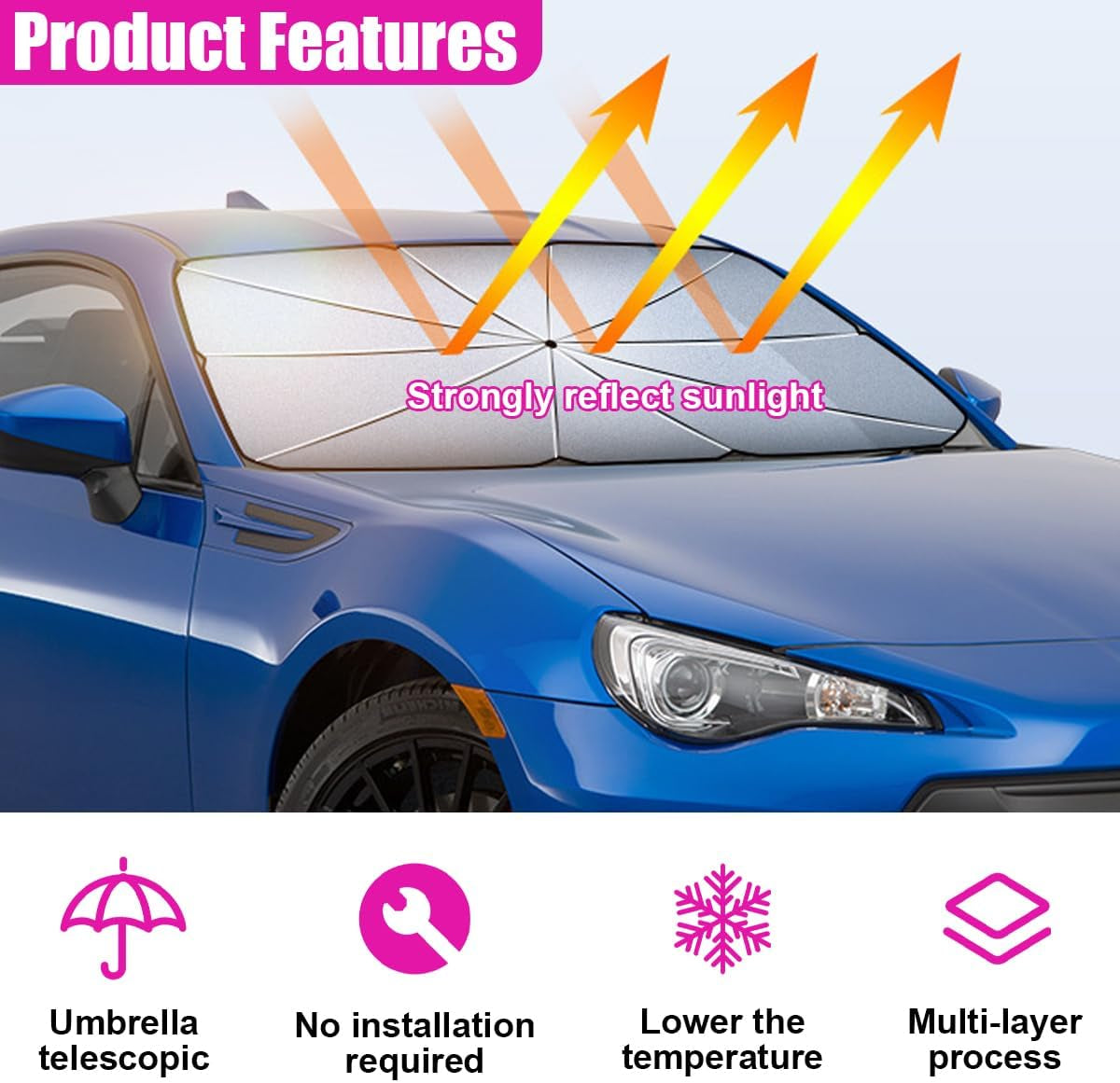 Car Windshield Sun Shade Umbrella, 51''X 30'' Front Window Sun Shade Protect for Automotive Interior, UV Rays Block & Keep Cool, Heat Insulation Protection Car Umbrella for SUV, Sedan (Large)