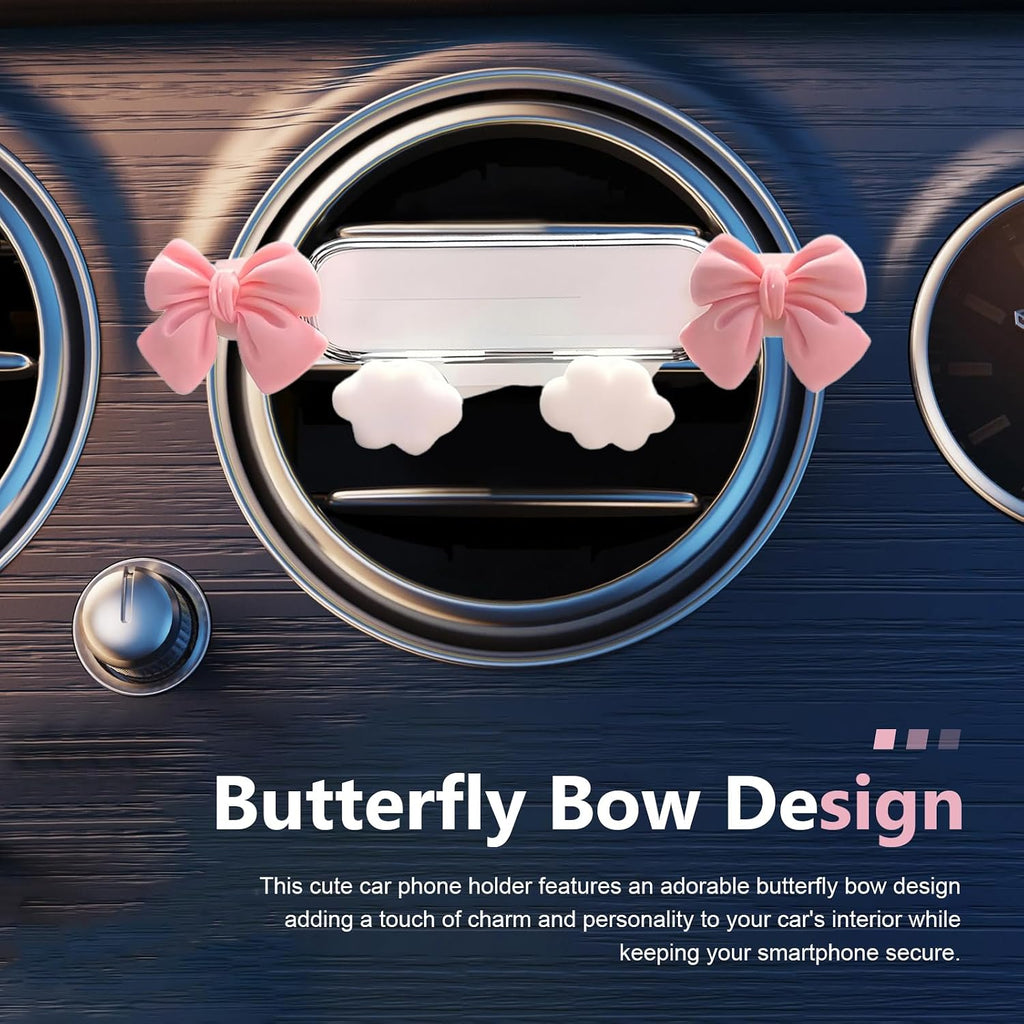 Car Phone Holder, Cute Butterfly Bow Car Vent Phone Holder, Anti-Slip Gravity Auto Lock Cell Mount, Universal Car Air Vent Accessories for Women Girls (White #A)