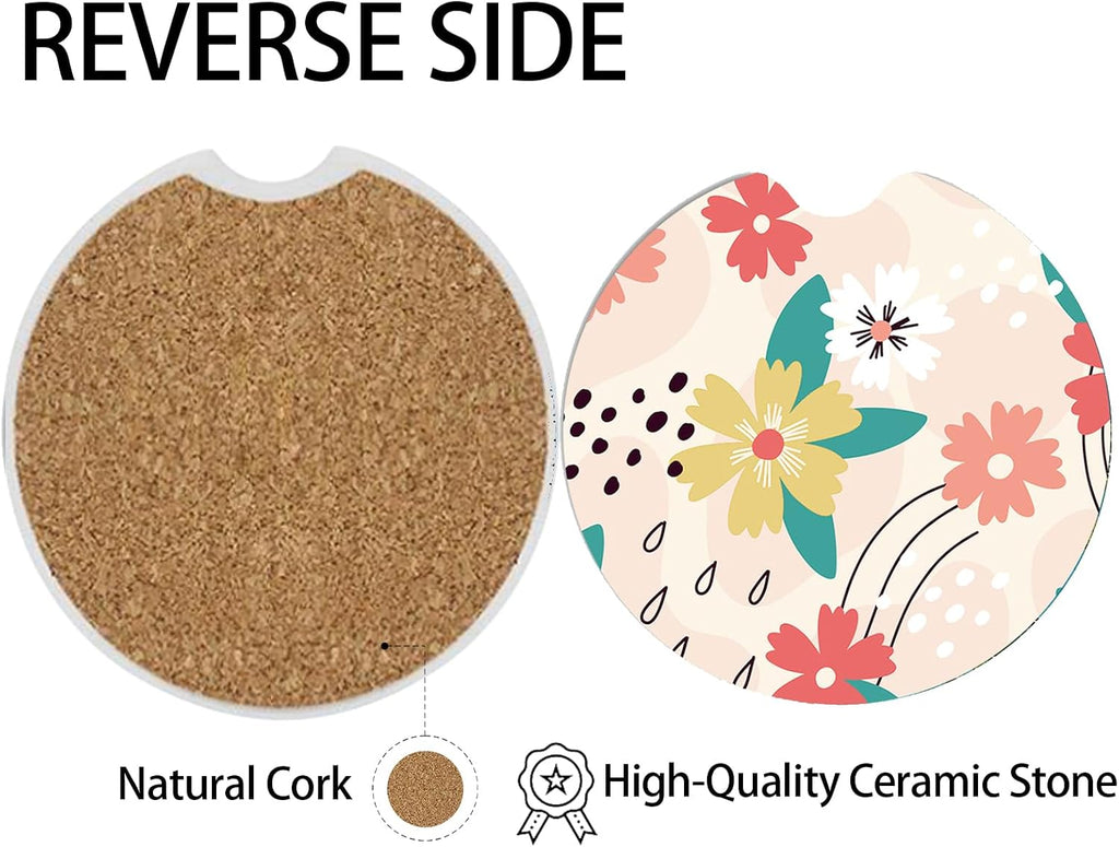 2 Pcs Line Flowers Car Coasters,Ceramic Cup Holder Coasters with a Finger Notch,2.56" Ceramic Stone & Non-Scratch Cork Base,Car Accessories for Women&Man.9