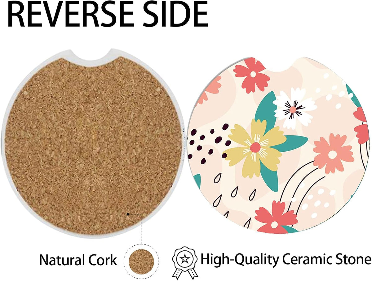 2 Pcs Line Flowers Car Coasters,Ceramic Cup Holder Coasters with a Finger Notch,2.56" Ceramic Stone & Non-Scratch Cork Base,Car Accessories for Women&Man.9