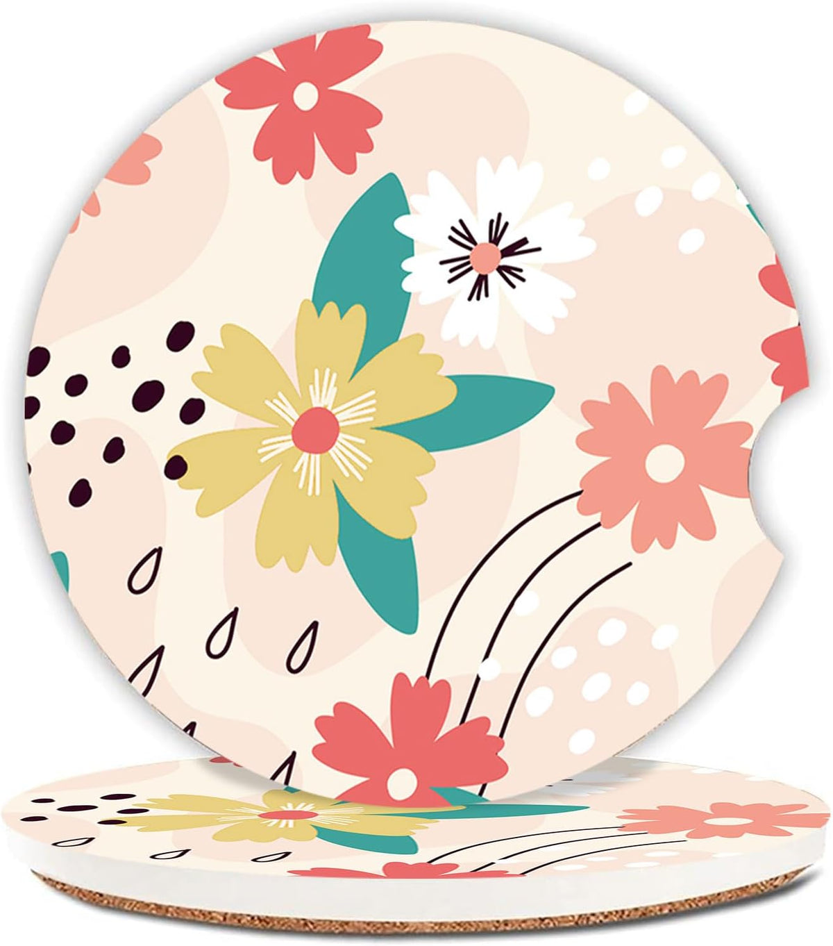 2 Pcs Line Flowers Car Coasters,Ceramic Cup Holder Coasters with a Finger Notch,2.56" Ceramic Stone & Non-Scratch Cork Base,Car Accessories for Women&Man.9