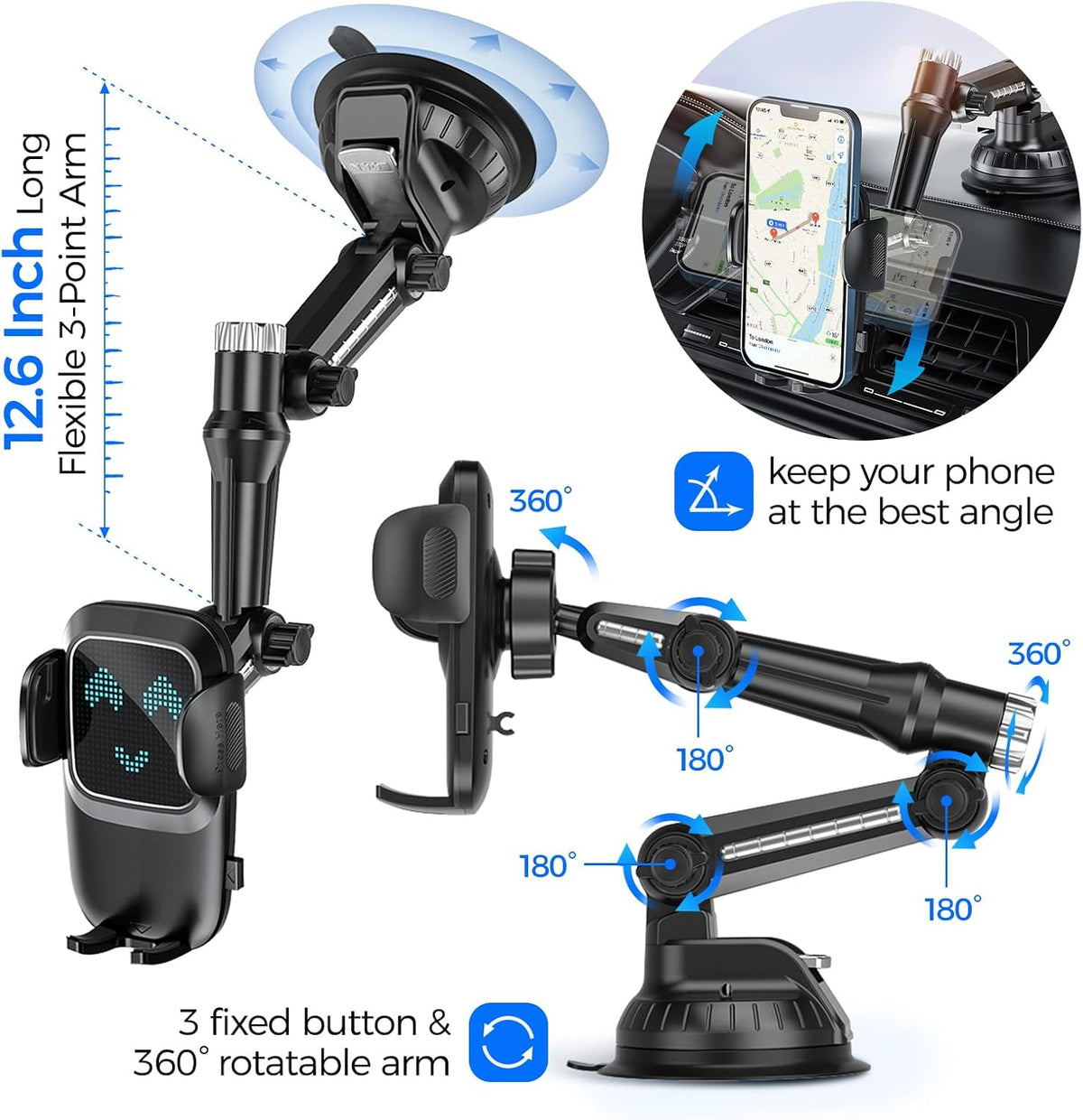 Pickup Truck Phone Holder, Car Phone Holder Mount Heavy Duty, Phone Mount for Truck, Dashboard Windshield, Suction Cup Phone Mount for Video Recording Vlog, 12.6 Inch Long Arm, HT0202