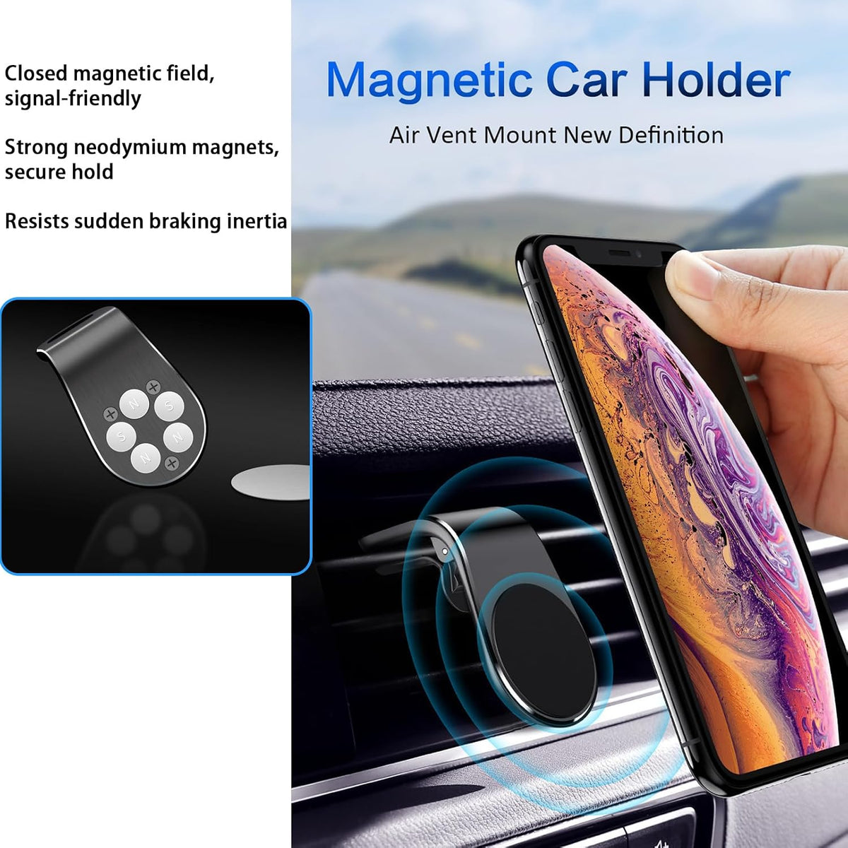 2Pcs Black Universal Phone Holder Car Air Vent Magnetic Mount