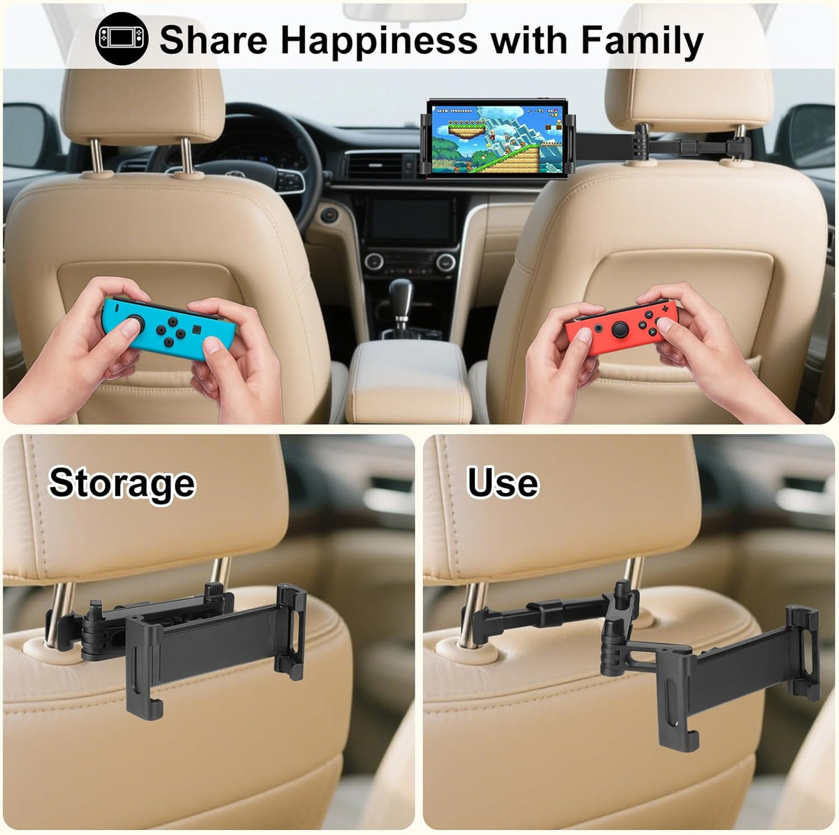 Tablet Holder for Car, 3 in 1 Extension Arm Adjustable Car Headrest Tablet Holder Road Trip Essentials Back Seat Tablets Cars Mount Compatible with Ipad Pro, Air, Mini, 4.7-11" Devices