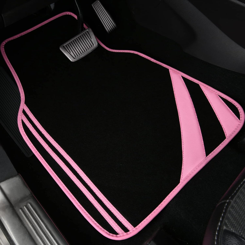 Pink Edge Faux Leather Car Floor Mats Universal Car Carpet Mats with Double Stitch Line Anti-Slip Backing Design, for Cute Girly Women, Fit 95% Automotive,Suvs,Sedan,Vans (Black and Pink)