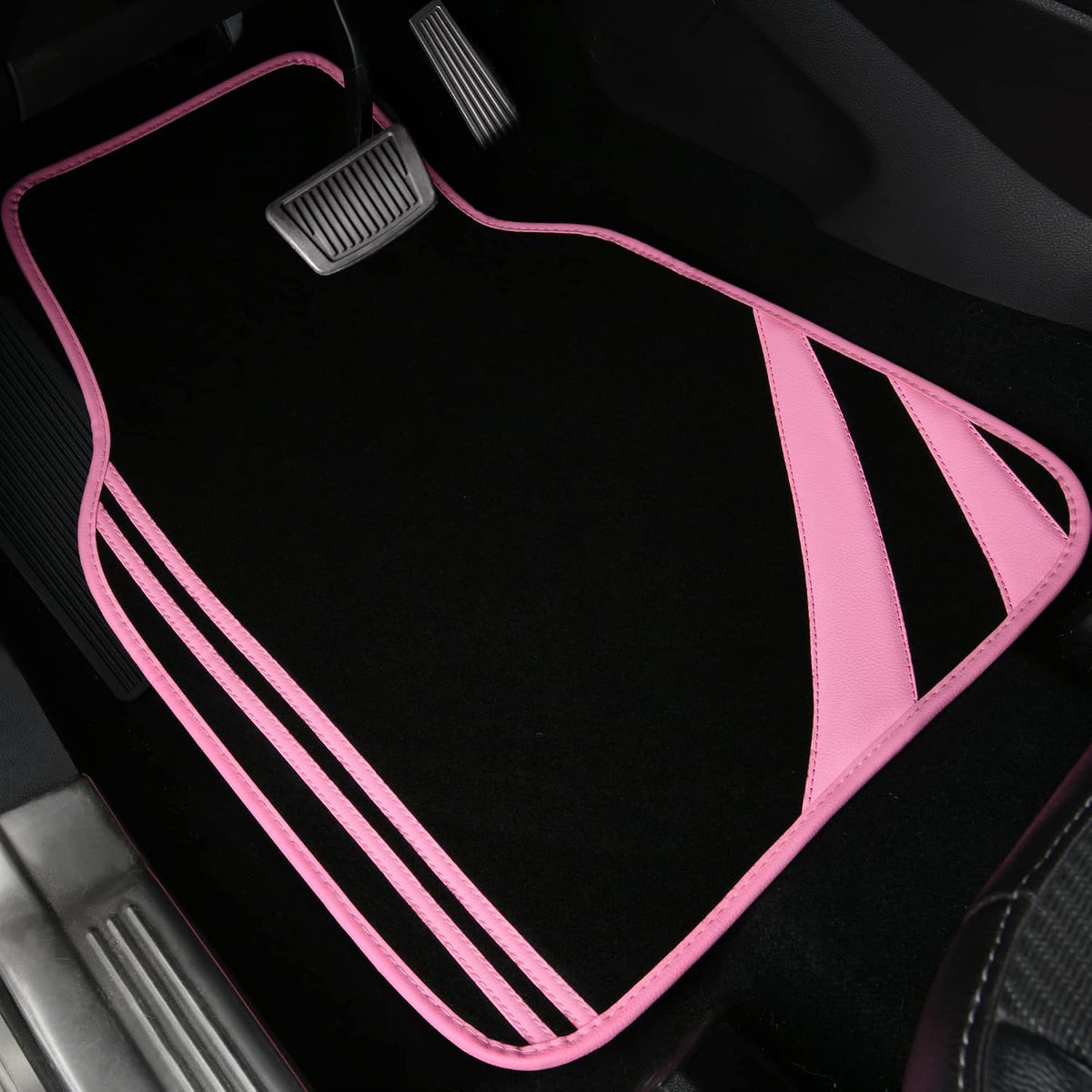 Pink Edge Faux Leather Car Floor Mats Universal Car Carpet Mats with Double Stitch Line Anti-Slip Backing Design, for Cute Girly Women, Fit 95% Automotive,Suvs,Sedan,Vans (Black and Pink)