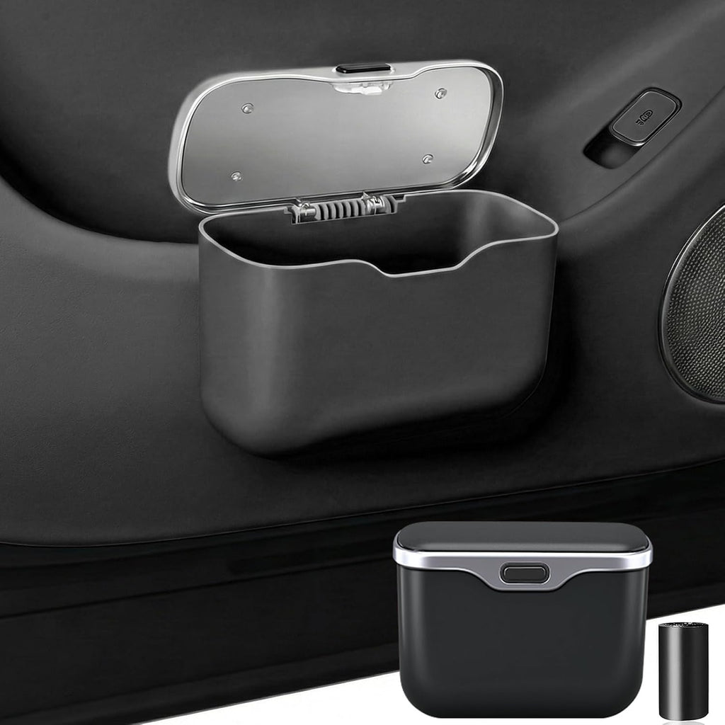 Hanging Car Trash Can, Leakproof Garbage Bin with Lid, Black