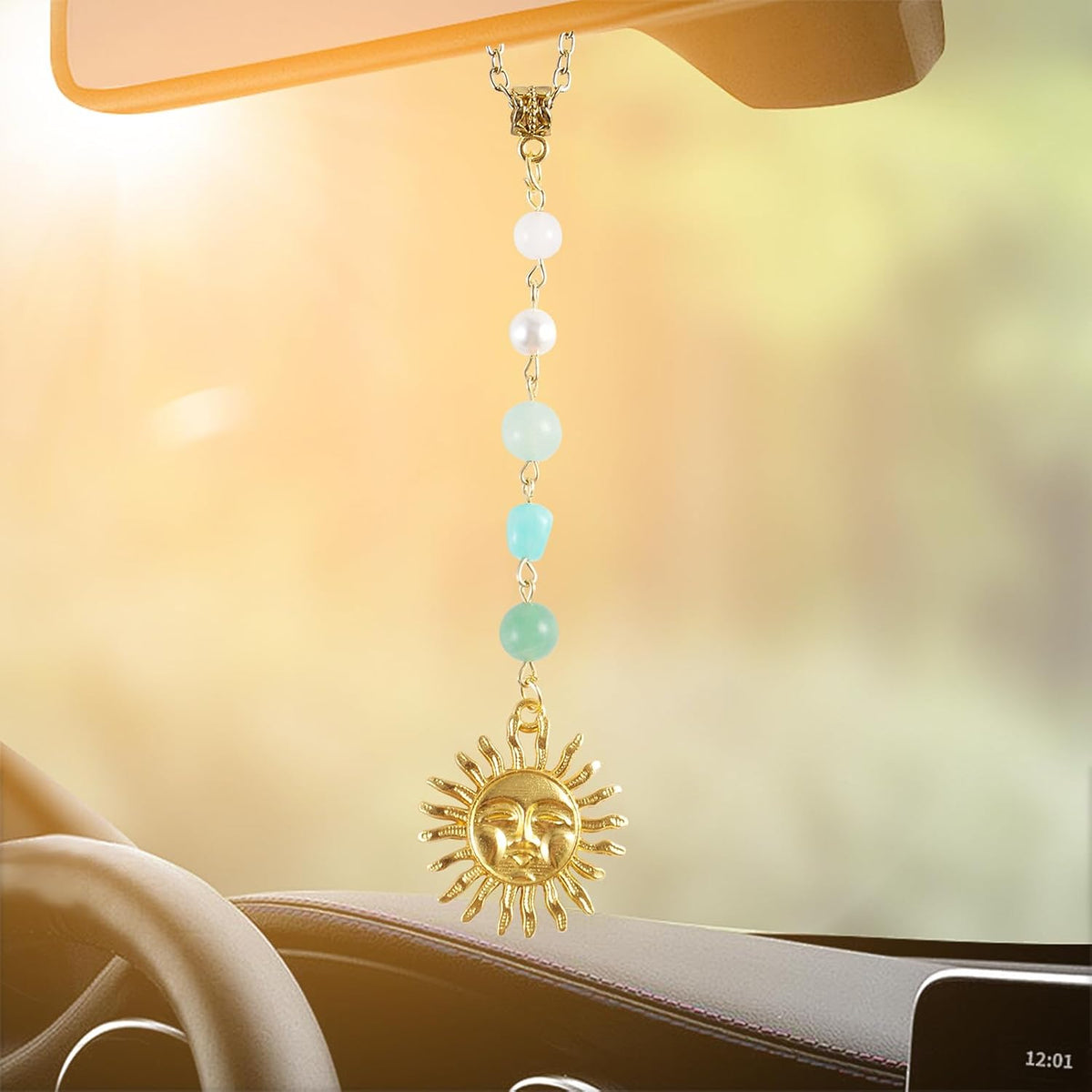 3 Pack Sun Rear View Mirror Hanging Accessories, Hanging Sun Charm with Healing Crystal, Boho Car Charms, Healing Mirror Decor Cute Accessories for Women (Retro)