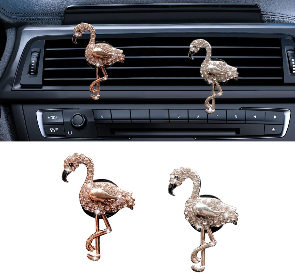 2PCS Bling Flamingo Car Dashboard Air Vent Trim Clips, Crystal Rhinestone Animal Car Air Fresheners Outlet Clip, Cute Automotive Interior Diffuser Decoration Accessories for Women (Flamingo)