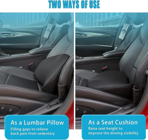 2 in 1 Car Seat Cushion Lumbar Pillow - Comfort Memory Foam Seat Cushion for Driving, Office - Sciatica-Back Pain Relief, Car Cushion for Car, Truck, Office, Wheelchair (Black)