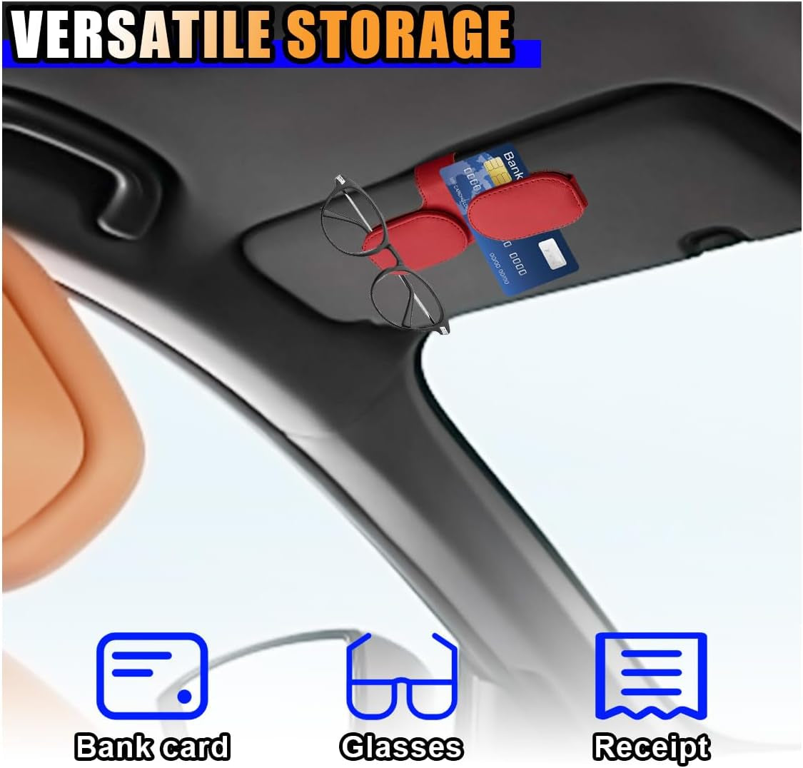 Magnetic Leather Sunglasses Holder for Car Visor Clip, Car Sun Visor Ticket Card Clip Double Clip, Auto Glasses Eyeglass Hanger Clip, Eyeglasses Mount Interior Car Accessories (Red)