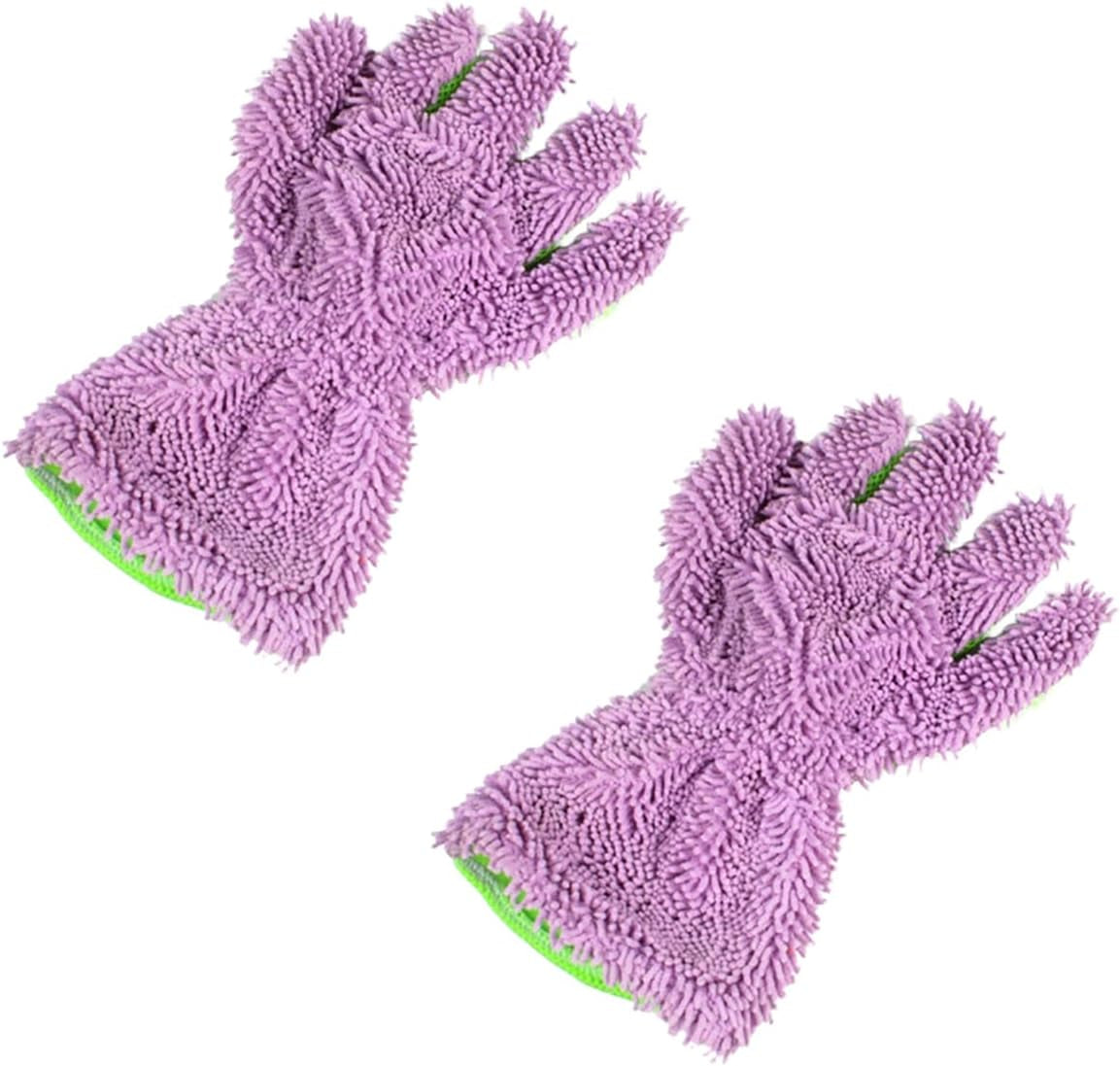 2PCS Car Wash Mitts, Double Sided Chenille Microfiber Dusting Gloves with 5-Finger Design, Anti-Scratch Auto Interior Exterior Detailing Mitt for Cleaning Wheel Tight Spot (Purple)