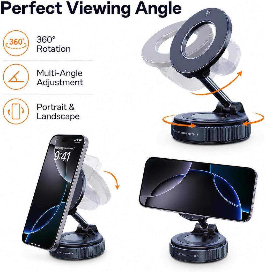 Magnetic Phone Holder for Car, Magsafe Compatible Car Mount with Super Strong Suction, 360° Adjustable Dashboard & Windshield Cell Phone Mount (Black)