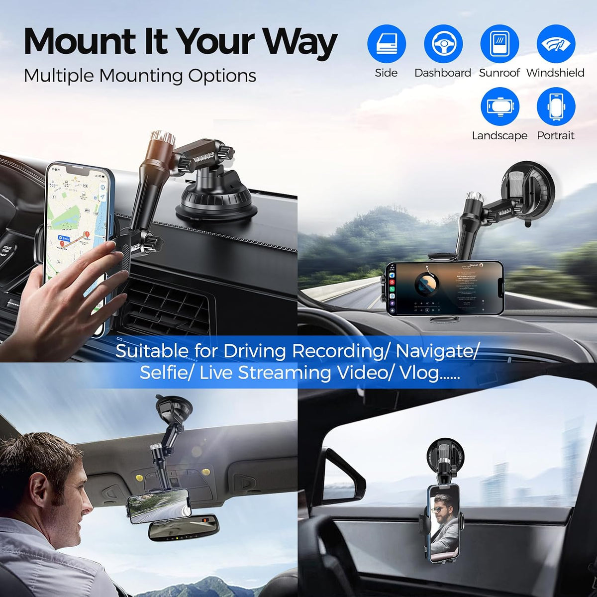 Pickup Truck Phone Holder, Car Phone Holder Mount Heavy Duty, Phone Mount for Truck, Dashboard Windshield, Suction Cup Phone Mount for Video Recording Vlog, 12.6 Inch Long Arm, HT0202