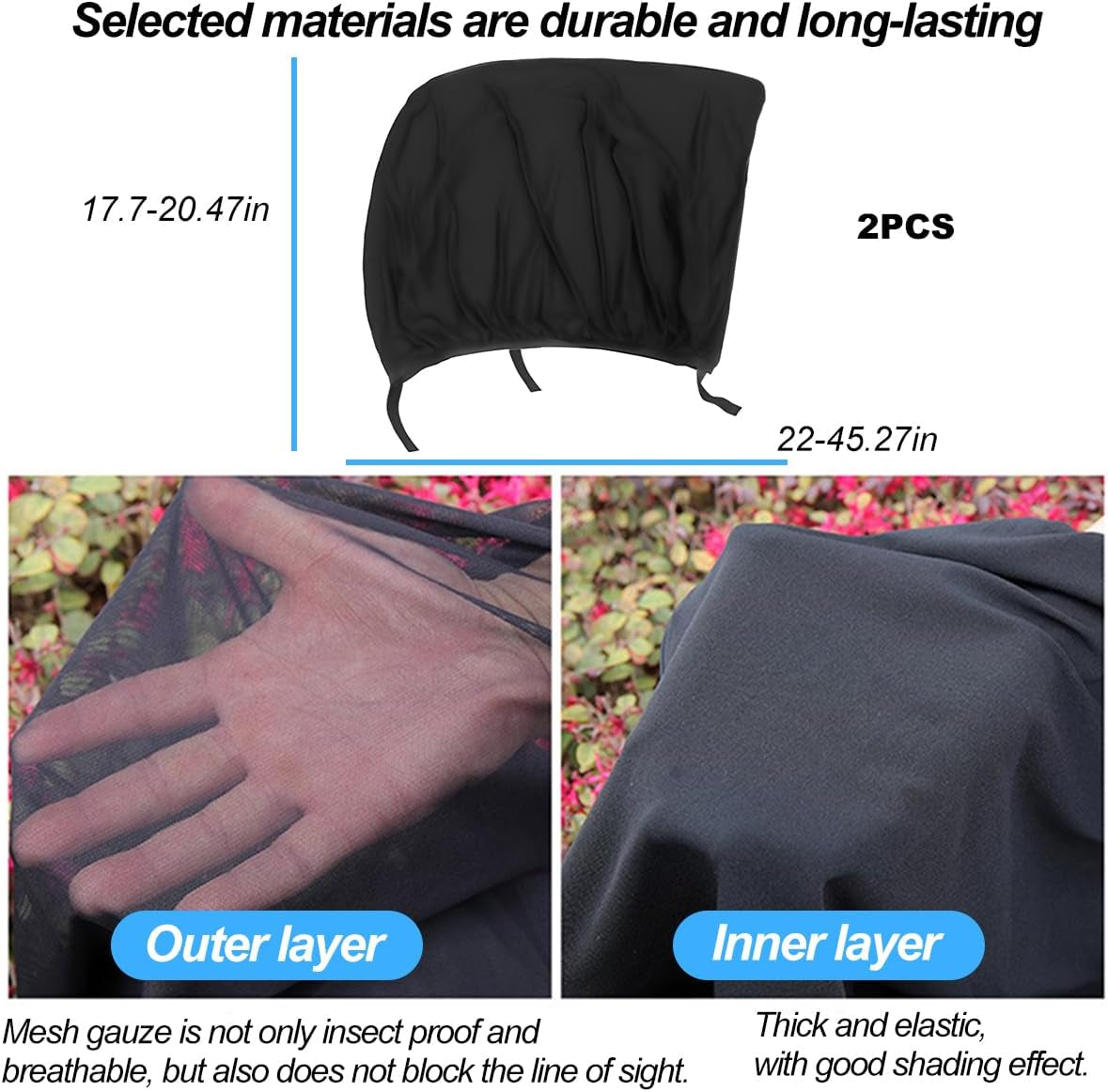 Car Window Shades, 2PCS Breathable Vehicle Rear Side Window Screen with Zipper, Automotive Interior Sunshades Protection Cover Accessories for Camping Privacy, Universal Fit