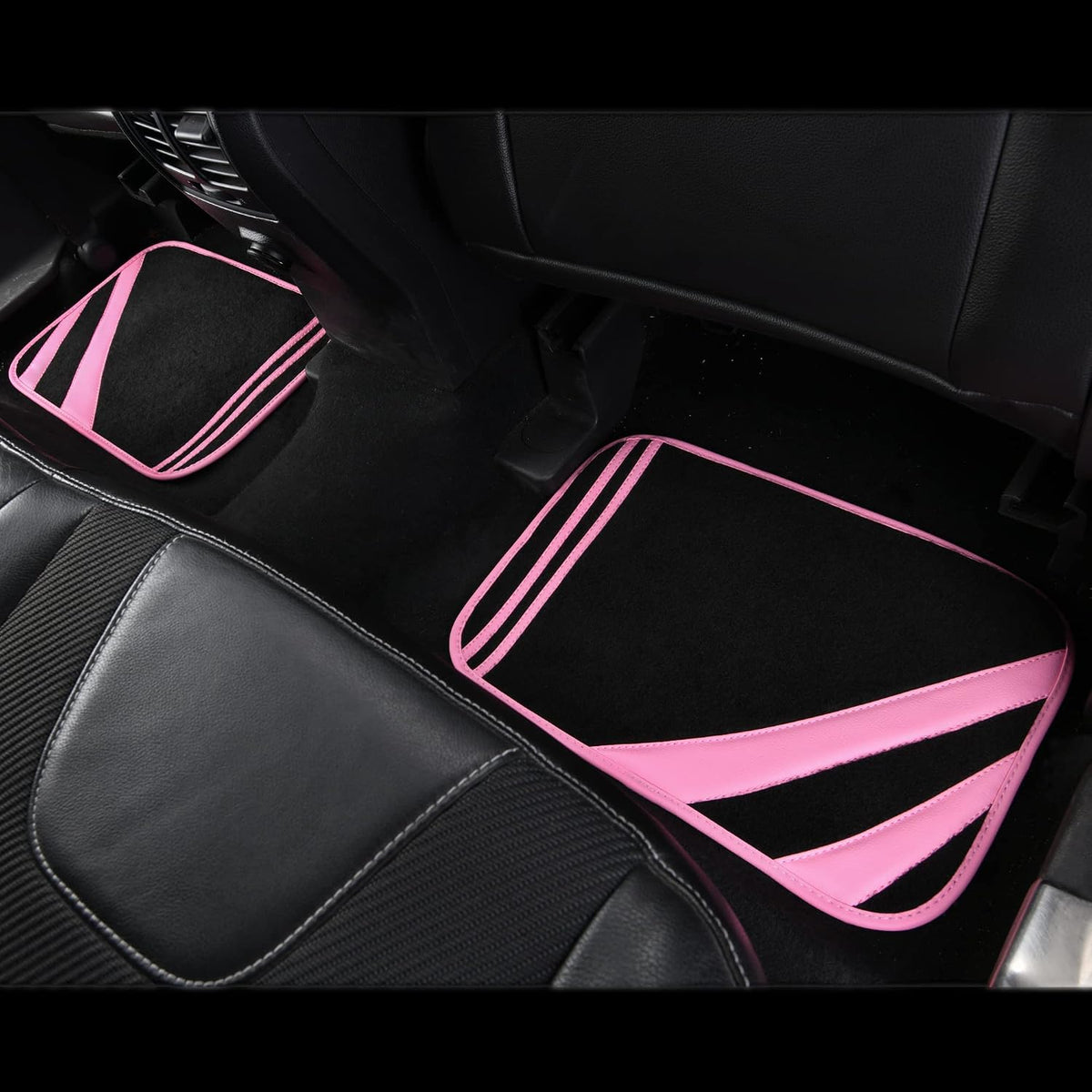 Pink Edge Faux Leather Car Floor Mats Universal Car Carpet Mats with Double Stitch Line Anti-Slip Backing Design, for Cute Girly Women, Fit 95% Automotive,Suvs,Sedan,Vans (Black and Pink)