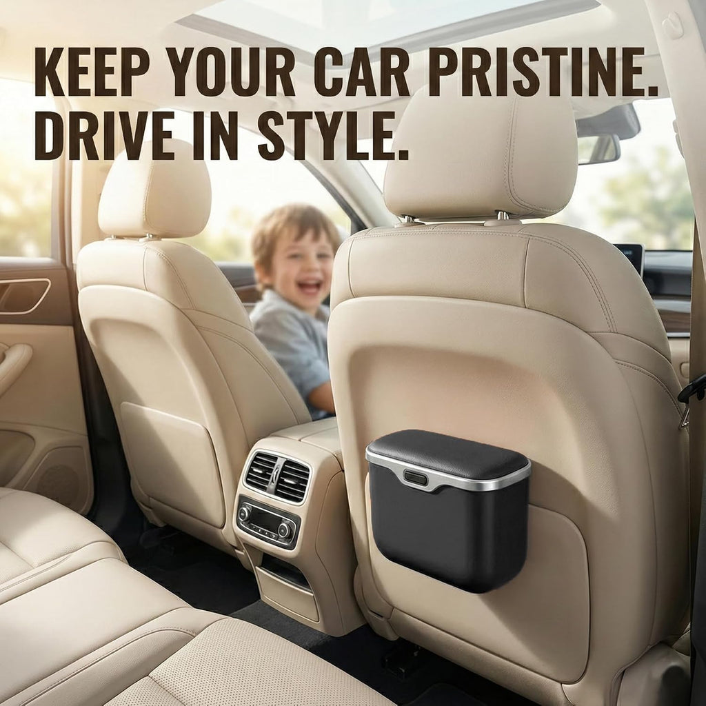 Hanging Car Trash Can, Leakproof Garbage Bin with Lid, Black