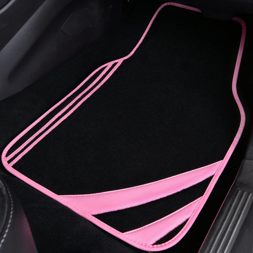 Pink Edge Faux Leather Car Floor Mats Universal Car Carpet Mats with Double Stitch Line Anti-Slip Backing Design, for Cute Girly Women, Fit 95% Automotive,Suvs,Sedan,Vans (Black and Pink)